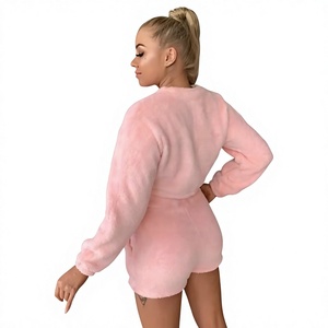 Nuevo Conjunto de 2 Piezas de Felpa Coral para Mujer, Primavera-Verano, Color Sólido, Manga Larga, Top Corto, Sudadera y Pantalones Cortos - Product Image 2
