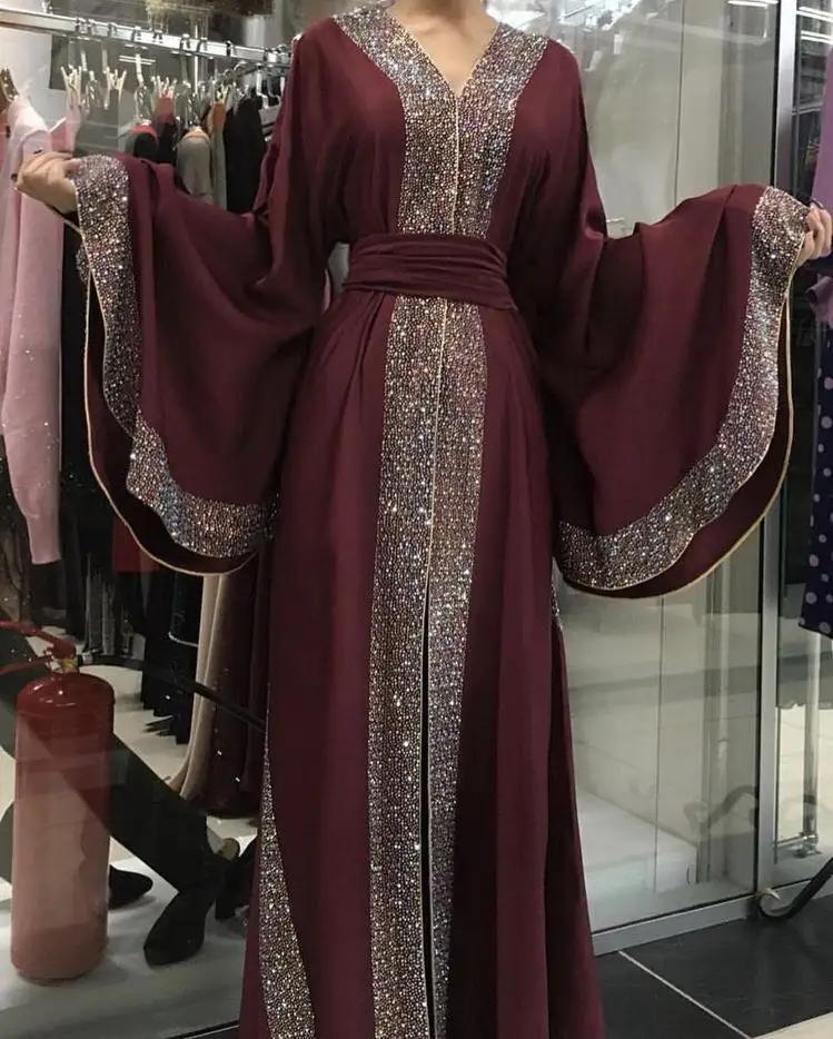 De moda dubai abaya de piedra brillante mariposa manga vestido maxi musulmán señoras vestido elegante