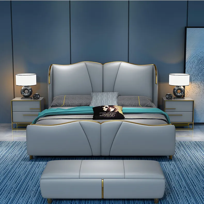 Wholesale Newest Luxury Bedroom Hotel Furniture Customized Size Genuine Leather Bed Set