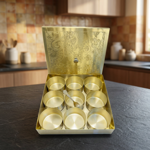 Premium Square Brass Spice Box with 9 Round Containers Etched Mandala Art Lid Luxury Indian Masala Dani Kitchen Organizer Set - Product Image 4