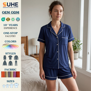 ชุดนอนแขนสั้นผู้หญิง SUHE ชุดนอนกระดุมติดกระดุมพร้อมกระเป๋าแต่งขอบ ชุดนอนกางเกงขาสั้น ใส่สบาย ระบายอากาศได้ดี - Product Image 2