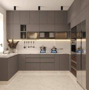 Cuisine moderne noire et grise avec armoires mates, four encastré, éclairage sous les armoires et grande fenêtre. - Product Image 3