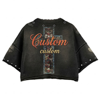 T-Shirt Court Acide Lavé Personnalisé pour Hommes, Strass et Métal, Effet Vieilli, Impression DTG, Bords Coupés, T-shirt Graphique pour Homme