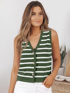 <span class=keywords><strong>Gilet</strong></span> court rayé à col en V pour <span class=keywords><strong>femme</strong></span> – Tendance estivale sans manches avec boutons – Débardeur polyvalent et décontracté - Product Image 4