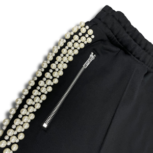 Premium Luxury Pearl Beaded <b>Side</b> Wide Leg Culottes Black <b>Trouser</b> Elastic Waist <b>Zip</b> Pocket Knit <b>Trousers</b> Elegant Casual Pants - Product Image 3