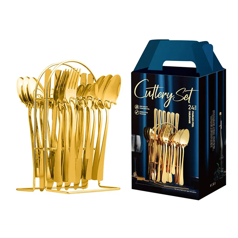 Best Selling Stainless Steel Knife Fork Spoon Set 24Pcs Gold Flatware Luxury Cutlery Set With Stand