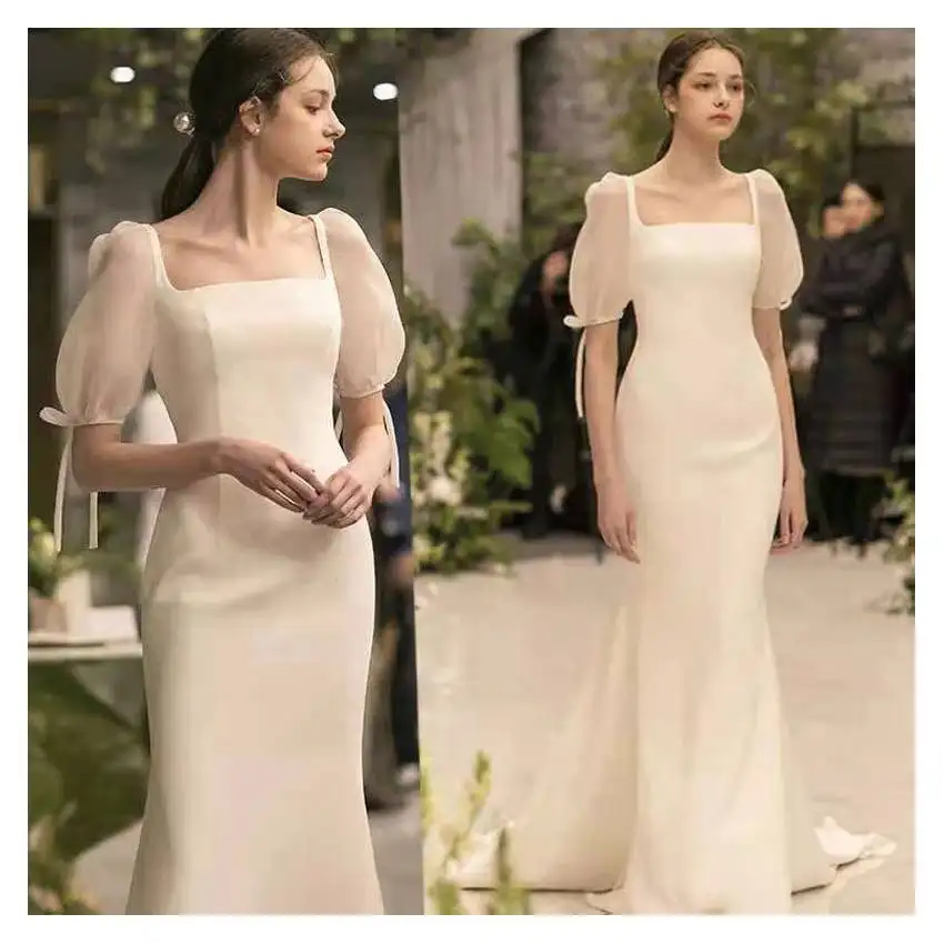 New Elegant White Satin Bridal Wedding Dress Simple Slim Square Neck Vintage Wedding Dress