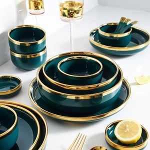 ชุดอาหารเซรามิกสไตล์นอร์ดิกสุดหรู สีเขียวมรกตขอบทอง ชามสลัด ชามซุป จานอาหารค่ำ มีหลายขนาด - Product Image 6