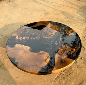 Mesa de centro de resina con forma redonda, tablero de madera maciza y base de metal dorado. Precio al por mayor, contacte ahora. - Product Image 1