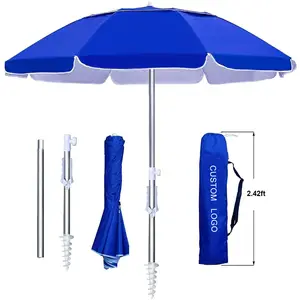 6.5英尺沙滩伞，带倾斜便携式银涂层防紫外线条纹铝杆沙滩伞，适合户外旅行阳光