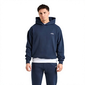 Men's <b>Navy</b> Blue Hooded <b>Sweatshirt</b> Regular Fit Cotton Fleece Embroidered Logo Casual Autumn Wear - Product Image 1