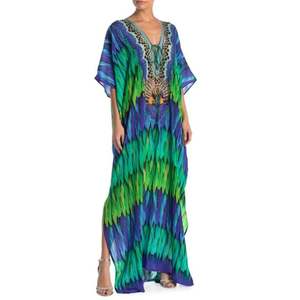 Most Elegant Stylish Beachwear Short Sleeve Silk Digital Printed Boho V-Neck Beach Long <b>Kaftans</b> - Product Image 1