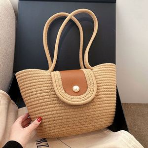 Bolso de mano tejido para mujer, bolso de mano de verano con cuerda de algodón y botón de perlas, bolso de hombro informal Retro de gran capacidad para viajes diarios - Product Image 2