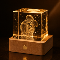 Cube de cristal gravé au laser 3D personnalisé avec base en bois LED, lumière de nuit, cadeau personnalisé avec photo ou logo, décoration