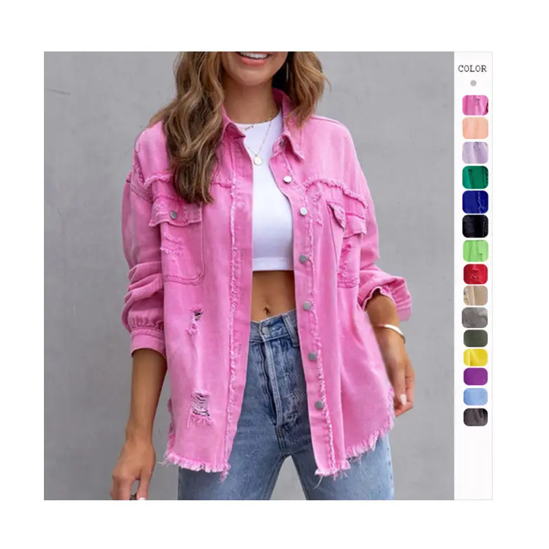 Top vaquero de manga larga para mujer, blusa con agujeros rasgados, chaqueta, abrigo