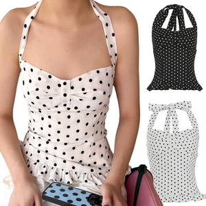 Top Halter con Bloques de Color y Estampado de Lunares, con Dobladillo de Encaje Dulce, Tejido Transpirable y Ecológico, Estilo Fresco y Minimalista - Product Image 1