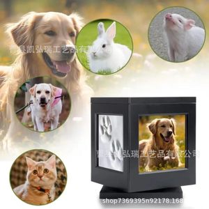 Cross-border wooden rotating framed pet <b>memorial</b> <b>box</b>, wooden cat and dog rotating base funeral urn with nameplate. - Product Image 2