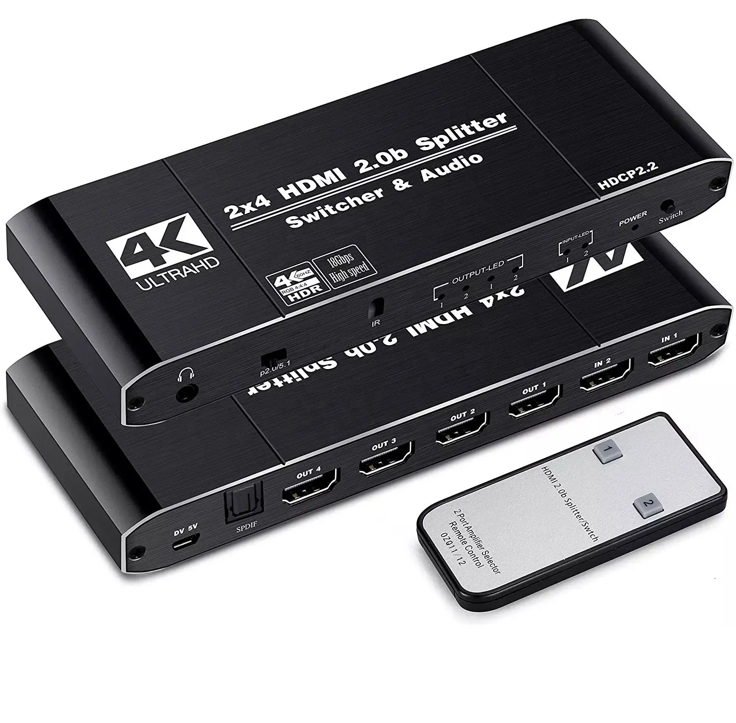 OZQ12 4K@60Hz 2x4 HDMI 2.0B Switch Splitter Switcher SPDIF Audio 3.5mm & Scaler 2 in 4 out with Remote Support 4K 3D HDCP2.2