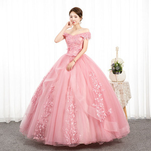 Off The Shoulder Pink Tulle Ball Gown For Women Stage Performance Dress With Floral Embroidery Long Evening Gown - Product Image 1