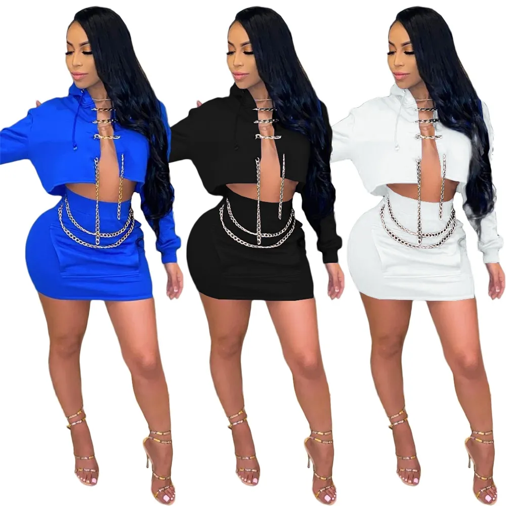 Trendy Ketting Crop Top Met Rokken Tweedelige Rok Set Mode Outfit Lente Womens Kleding 2021 Sexy