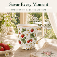 Mug à café en céramique personnalisé 350 ml 12 oz avec bord doré, motif floral fraise, tasse à thé en porcelaine, vente en gros OEM ODM