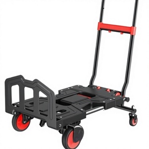 Carrito de mano plegable con cuatro ruedas, plataforma de plástico roja y negra para compras, estructura de acero. - Product Image 1