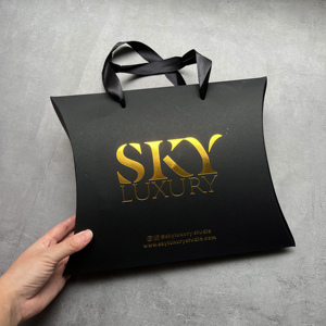 Custom Matte Black Pillow <b>Box</b> Gold Foil Hot Stamping Luxury Gift Packaging <b>Box</b> With Ribbon Handle For Jewelry Cosmetic Wig - Product Image 4