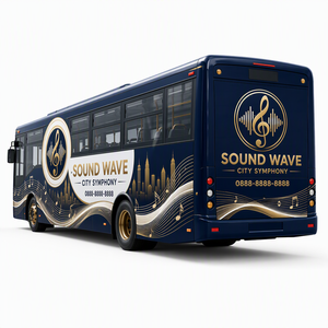 Autocollant personnalisé pour bus sur le thème de la musique, vinyle or et bleu, silhouette de la ville, pour la décoration de véhicules de transport public, vente en gros - Product Image 3