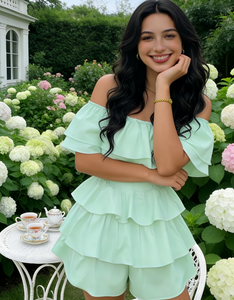 จั๊มสูทสีเขียวอ่อนแต่งระบายช่วงไหล่สำหรับผู้หญิง |   ดีไซน์ทรงหวานสำหรับสาวพลัสไซส์ |   กางเกงวันพีซแห้งเร็วสำหรับฤดูร้อน รุ่น Garden - Product Image 3