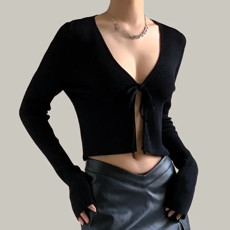 Best Sale Western Sexy Hot Tops Casual Plain Crop Tops Knitted Pullover Long Sleeve Mini Sweaters Top for Women