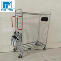 Chariot de ramassage de commandes polyvalent à 3 niveaux avec paniers métalliques, échelle escamotable, 5 roulettes pivotantes, poignée rouge, pour usine