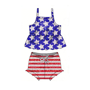 GBO0508 Ensemble de vêtements décontractés personnalisés pour fillette, sans MOQ, imprimé 4 juillet, sans manches, style bummies, vente en gros pour enfants - Product Image 1