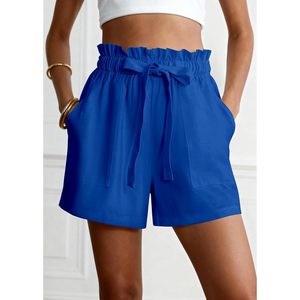 FOXA Summer Shorts Women High Waist Ruffle Drawstring Wide Leg Casual <b>Lounge</b> Beach Wear Breathable Polyester Shorts - Product Image 5