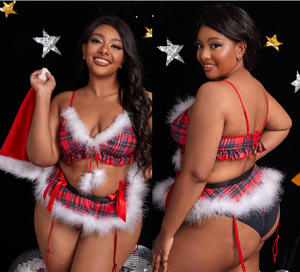 Women's Lace Bow Bra Thong <b>Sexy</b> <b>Christmas</b> Plaid Hat Costume Erotic Sleepwear Lingerie <b>Underwear</b> Clothing - Product Image 5
