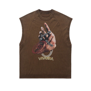 T-shirt vintage nera lavata senza maniche 100% cotone da <span class=keywords><strong>uomo</strong></span>, canotta hip hop con stampa grafica, streetwear oversize - Product Image 2