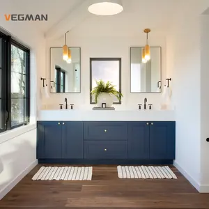 Tocador de baño de madera maciza, mueble de baño con espejo, color azul, de fabricante