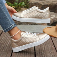 OEM ODM Chaussures plates à plateforme pour femmes, style baskets décontractées, dorées métallisées, à motif croco gaufré, à lacets, pour la marche quotidienne et la mode
