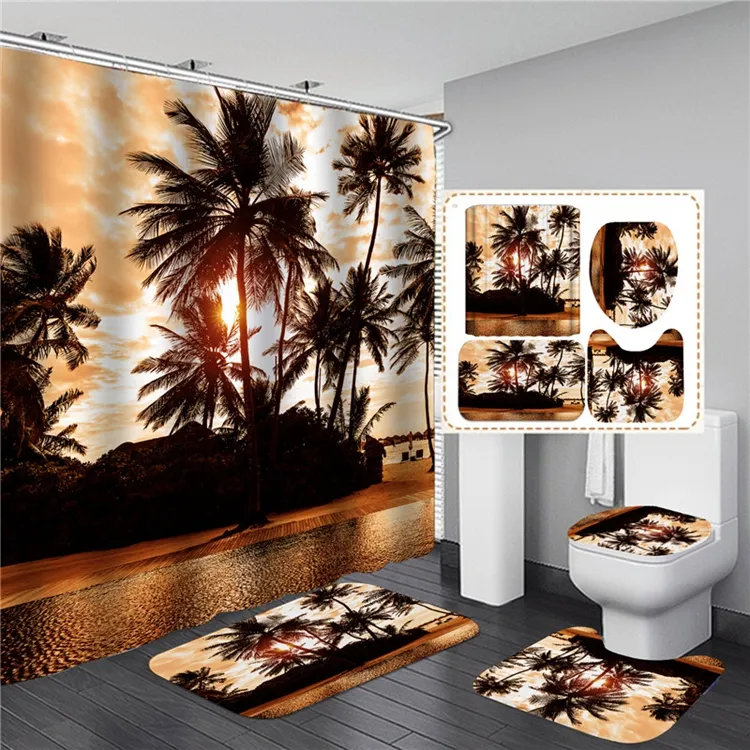 Customized Bathroom 100% Polyester Curtain Set Waterproof 3D Print Shower 4pcs Curtain and Rugs