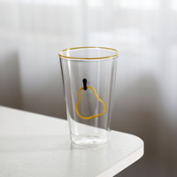 Schattig fruitdesign glazen tumbler 400ML hoog borosilicaat glas met gekleurde rand, handgeschilderd appel-perenpatroon, helder glas