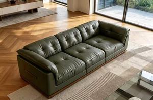 Sofá Chesterfield de 3 plazas en cuero genuino verde con respaldo capitoné y base de madera para sala de estar - Product Image 2