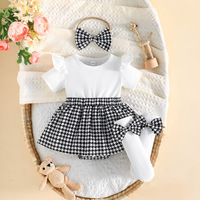 Combinaison bébé fille à imprimé à carreaux d'été, manches bouffantes, côtelée, multicolore, style robe triangle, faible MOQ, directement de l'usine