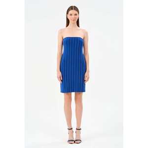 Robe de soirée fourreau sans bretelles Saks, taille naturelle, design simple, couleur bleue - Product Image 1