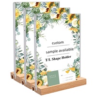 8.5X11 Lucite Flyer Stand Cadres Stable En Forme De T Base En Bois Clair Acrylique Hôtels Menu Affichage Avec Porte-Carte De Visite