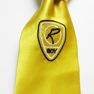 Cravate de luxe pour homme en polyester uni jaune or, avec logo personnalisé brodé, cravates universitaires pour garçons - Product Image 4