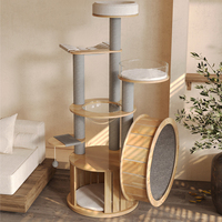 Tour d'activités pour chat de luxe, grande taille, en bois massif et sisal, avec plateforme multi-niveaux, poteau d'exercice, tapis roulant et roue de course