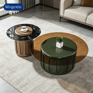 Modern <b>Nesting</b> <b>Coffee</b> <b>Table</b> <b>Set</b> with Tempered Glass Top & Walnut Green Veneer Base for Living Room Hotel Lobby - Product Image 2