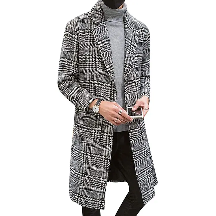 Mid Lange Trench Pea Coat Manteau Homme Lange Heren Jassen Jas Inkeping Revers Single Breasted Plaid Heren Casual Polyester Geweven