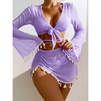 Boho zwarte bikini-set met strik aan de voorkant, top met wijde mouwen en sarong met kwastjes, 4-delig