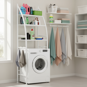 Étagère à linge Myrva en acier, sur pied, cinq niveaux, avec crochets pour serviettes, pour salle de bain, design minimaliste - Product Image 2