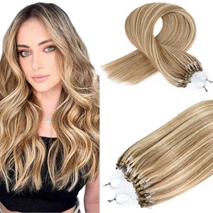 Extensions de cheveux naturels à pointe en kératine italienne, perles micro-anneaux nano, mélange blond décoloré et brun cendré, réutilisables, qualité salon - Product Image 3